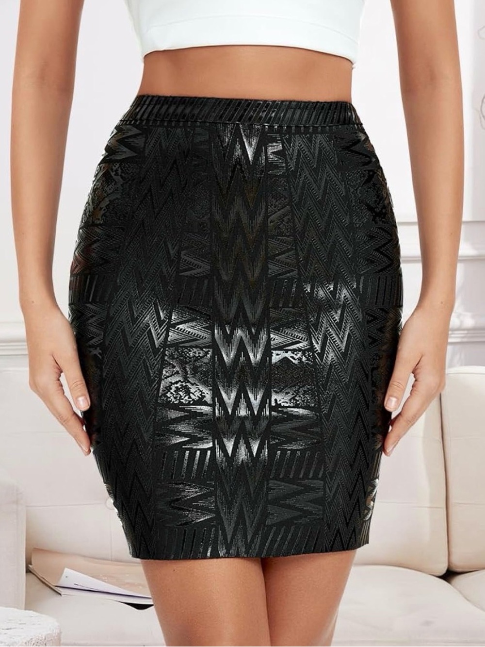Shiny Faux Leather Metallic High Waist Bandage Skirt Geometric Patterned Skirt
